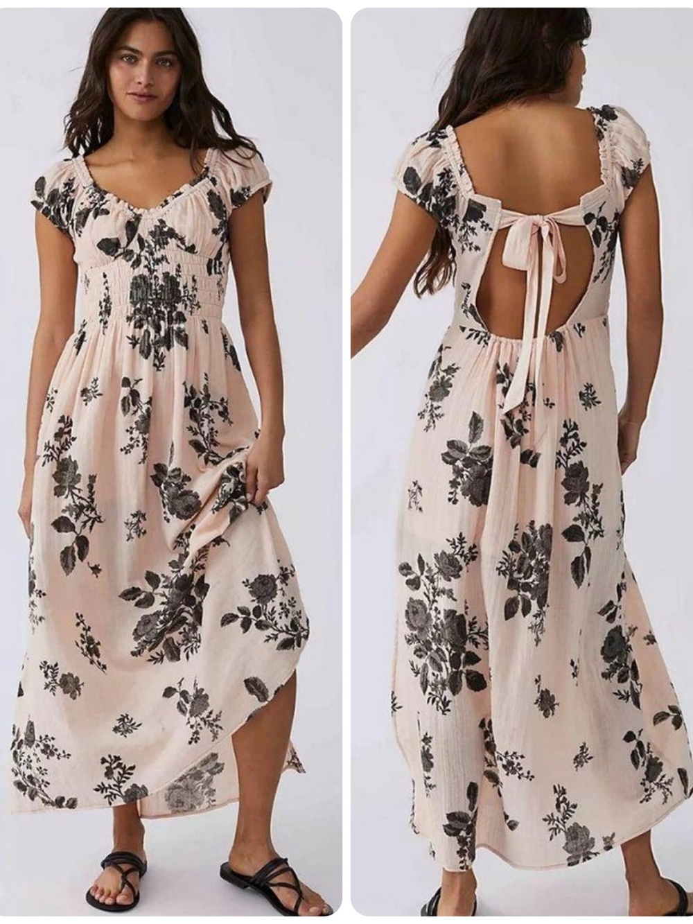 Free People Forgot Me Not Peach Combo  Floral Open-Back Maxi Dress Boho Sz M